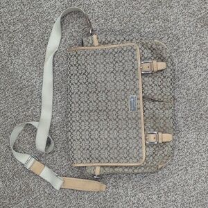Coach imperfect fabric signature C leather trim brown and tan messenger …